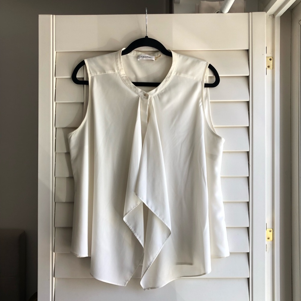 Calvin Klein White Sleeveless Asymmetrical Tie Front Blouse
